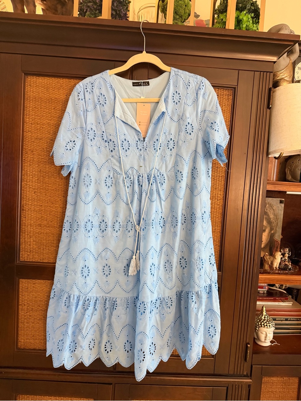 Light Blue Eyelet Midi Dress with Tassel Tie